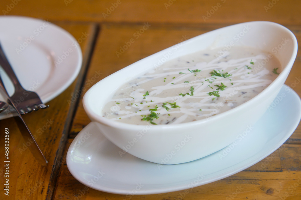 A bowl of homemade cream of mushroom soup A bowl of homemade cream of mushroom soup
