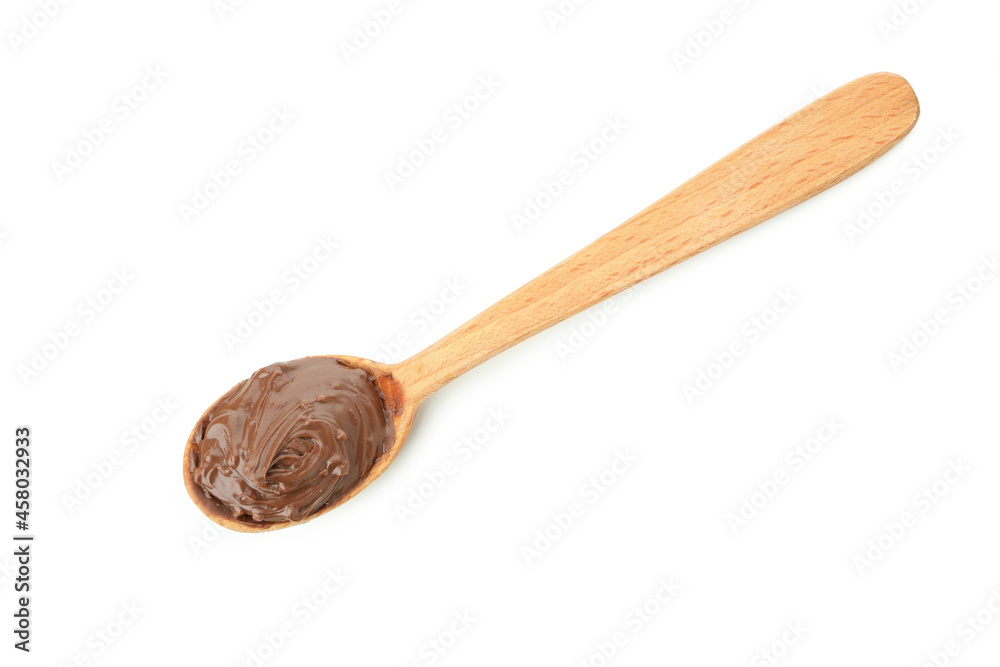 Spoon with chocolate paste isolated on white background Spoon with chocolate paste isolated on white background