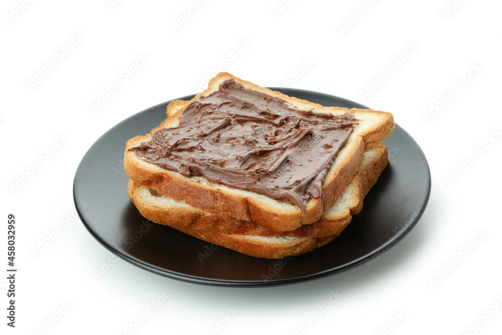 Plate with chocolate paste sandwich isolated on white background