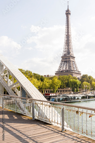 View of the Eiffel Tower from the Passerelle Debilly over the Seine river.Paris, France. 