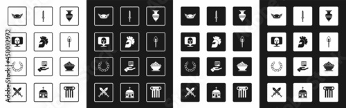Set Ancient amphorae, Greek helmet, Helmet with wings, Torch flame, Medieval sword, Olives bowl and Laurel wreath icon. Vector