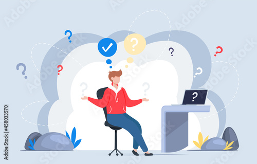 Making confusion. Doubts person surrounded by question marks. Questions dilemma situations. Asking questions. Confused people. Making choice. Being confused. Thinking or make decision. Solving problem