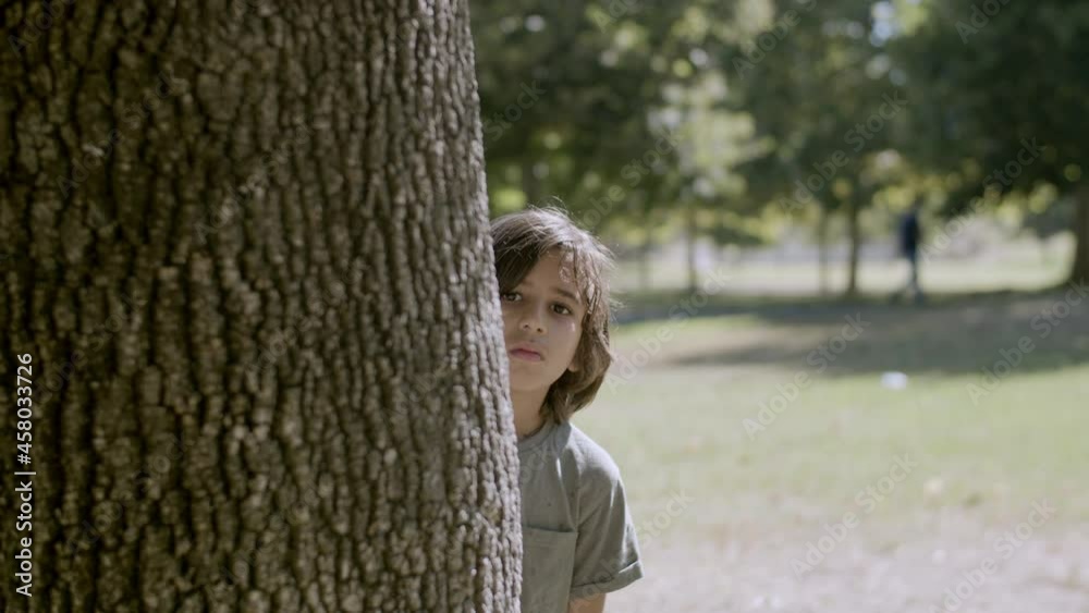 Medium shot of cheerful boy peeping out of tree and smiling. Dark-haired Caucasian guy playing hide-and seek, spending time outside, enjoying life. Emotion, summer vacation concept Medium shot of cheerful boy peeping out of tree and smiling. Dark-haired Caucasian guy playing hide-and seek, spending time outside, enjoying life. Emotion, summer vacation concept