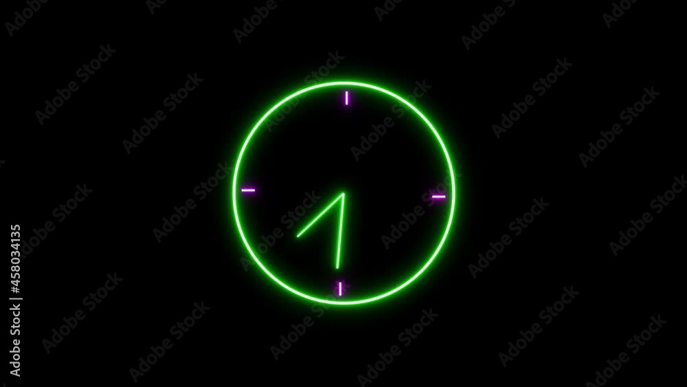 Neon analog clock, timer object. Neon light clock. animation on colorful background. Neon analog clock, timer object. Neon light clock. animation on colorful background.