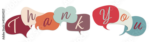 Colored speech bubble with inside letters forming the text -Thank You- Teamwork. Gratitude message between colleagues or friends. Appreciation. Concept of person who is grateful. Thankful