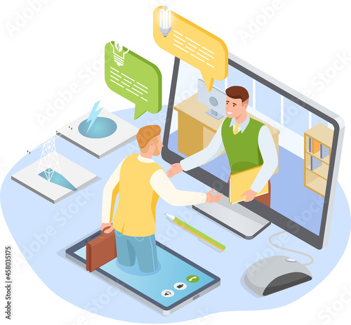 Collective virtual meeting or group video conference. Chatting with colleague by online videochat, videoconferencing, remote work using green technology. Male employees at online business meeting