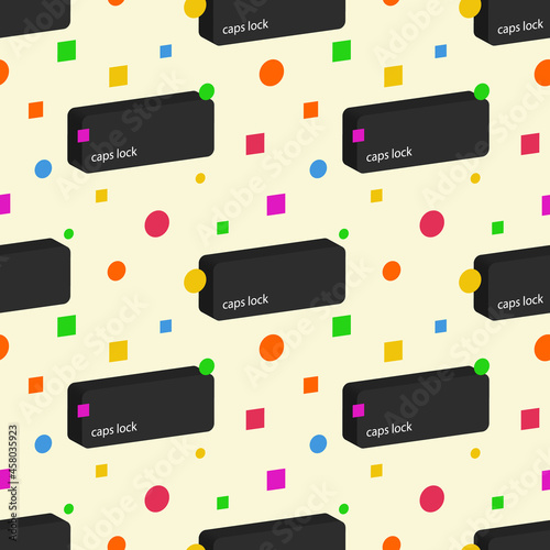 Caps Lock keyboard buttons and abstract geometric shapes colorful  vector seamless pattern background for International Caps Lock Day design.