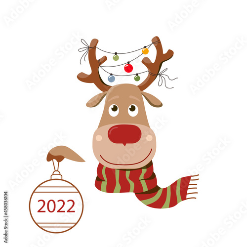 Cute cartoon christmas deer in the scarf congratulations on the new 2022 year.