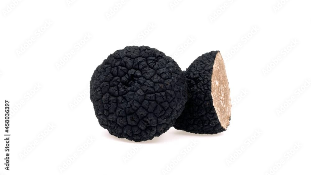 One whole and one half of black truffle mushrooms. White background. One whole and one half of black truffle mushrooms. White background.