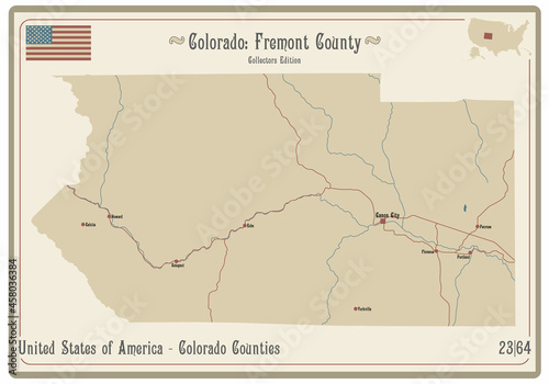 Map on an old playing card of Fremont county in Colorado, USA.
