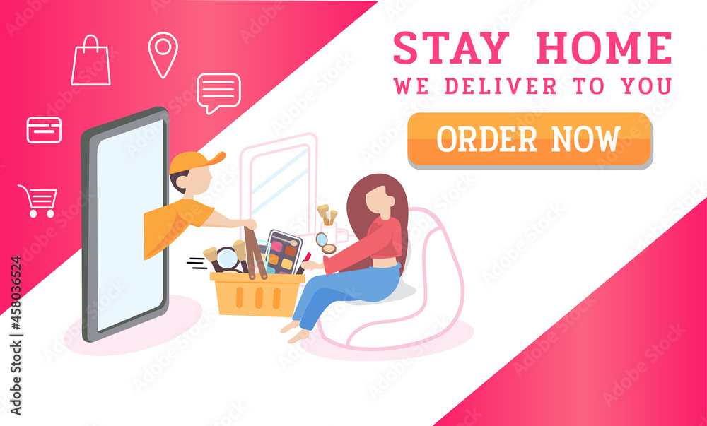 online cosmetic shop.Online marketplace.delivery service.Beauty store on Website or Mobile Application.flat Vector Concept Marketing and Digital marketing.New Normal lifestyle.Stay home, we deliver.