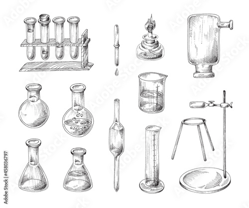 Chemistry science laboratory experiment set in retro sketch style