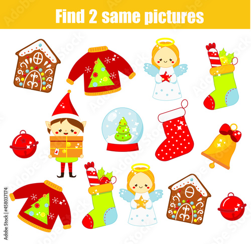 children educational game. Find the same pictures. Christmas and New year fun for kids and toddlers