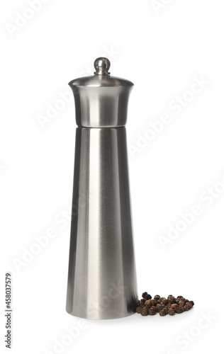 Stainless pepper shaker isolated on white. Spice mill