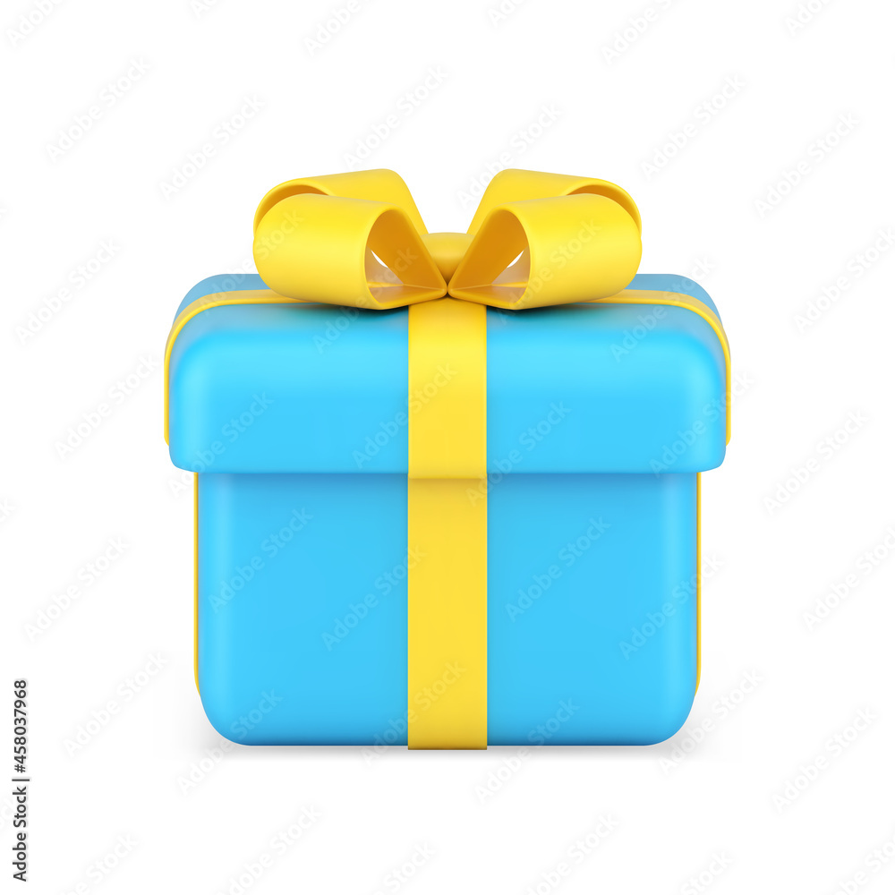 Blue gift box side view 3d icon. Celebration surprise tied gold ribbon with patterned on top Blue gift box side view 3d icon. Celebration surprise tied gold ribbon with patterned on top