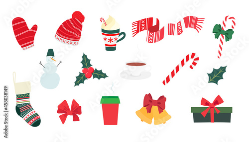 Winter Christmas elements set, flat vector illustration