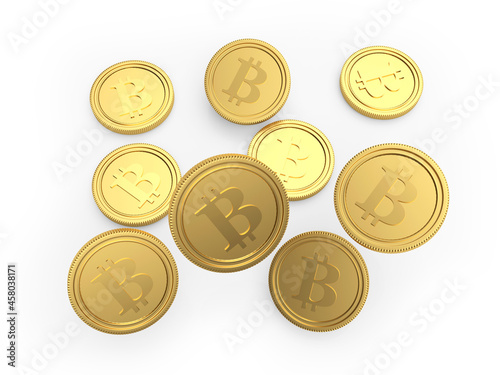 Gold bitcoin coins are falling on a white background. 3D illustration 