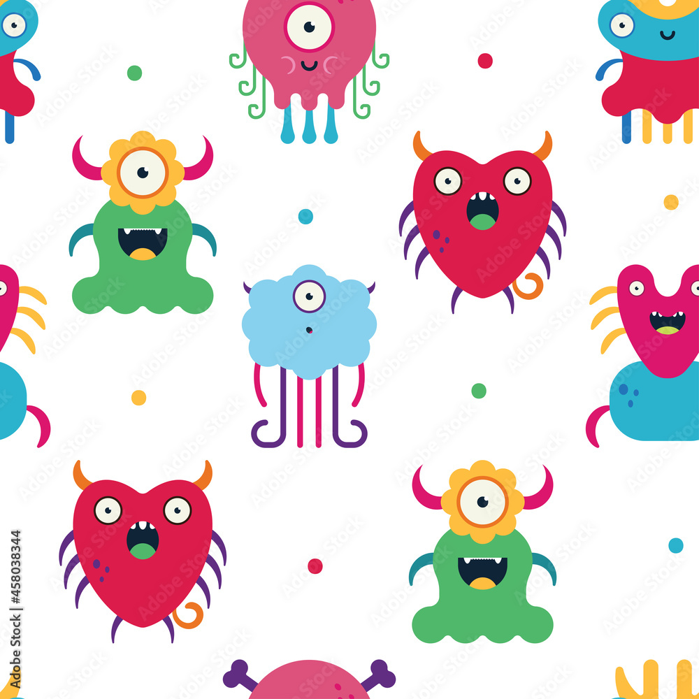 Cute monsters seamless pattern vector cartoon background. Cute monsters seamless pattern vector cartoon background.