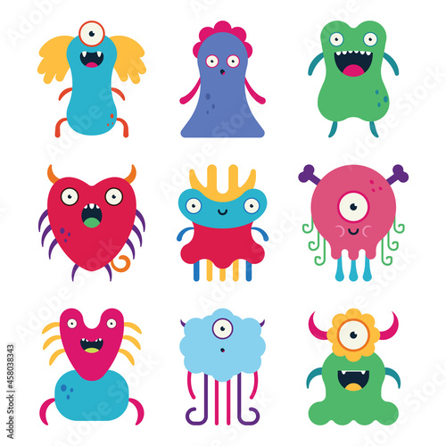 Cute cartoon monsters vector characters set isolated on a white background.