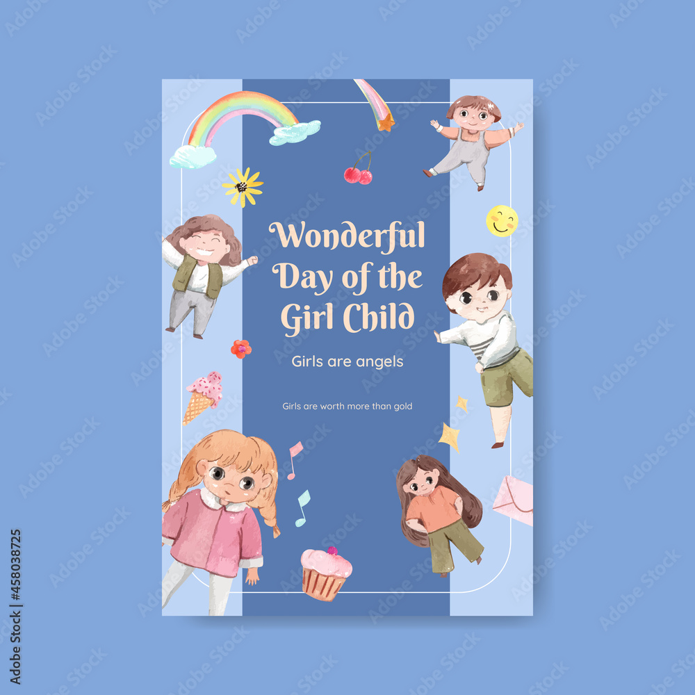 Naklejka premium Poster template with International Day of the Girl Child concept,watercolor style