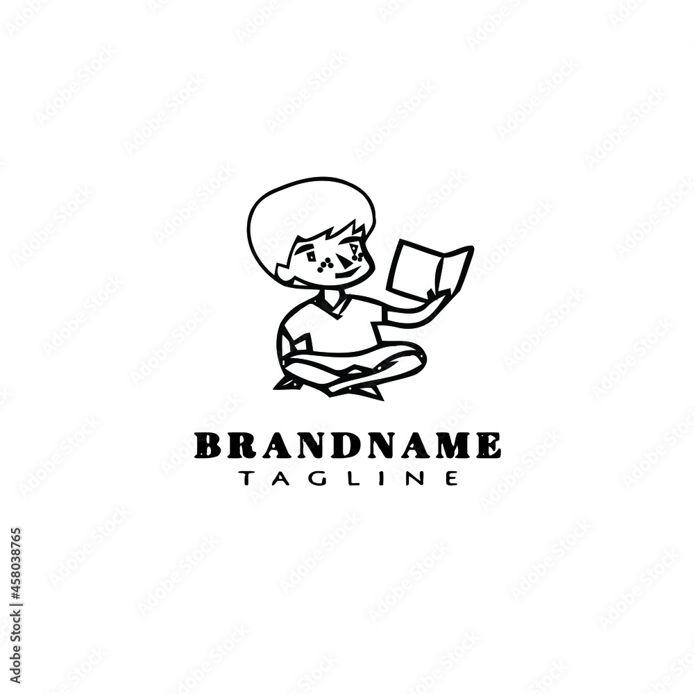 kids reading book logo cartoon icon design template black isolated vector illustration
