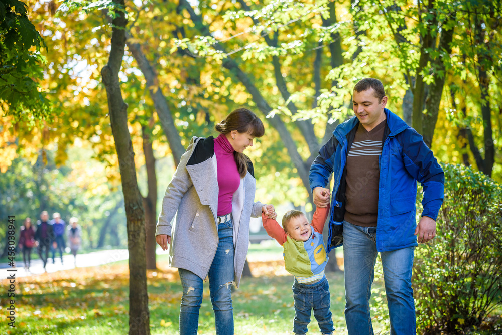 Obraz premium Beautiful young family on a walk in autumn forest on maple yellow trees background. Father and mother hold son on hands. Happy family leisure together concept