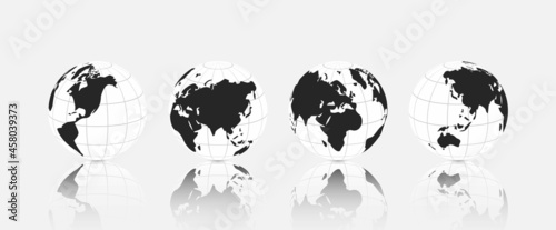 Realistic world map in the shape of a globe with shadow. Vector world map set. Earth globe icons. Flat