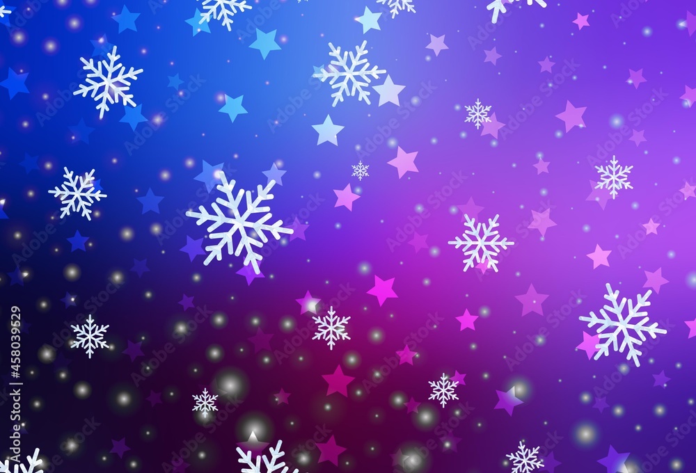 Dark Pink, Blue vector texture with colored snowflakes, stars.