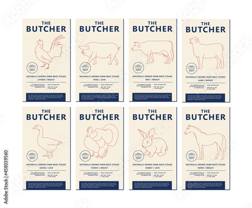 Vector design template labels for packaging with illustration silhouettes farm animals. Abstract symbol for meat products.