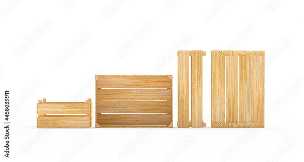 Set of empty wooden pallets or boxes isolated on white background. 3D illustration Set of empty wooden pallets or boxes isolated on white background. 3D illustration