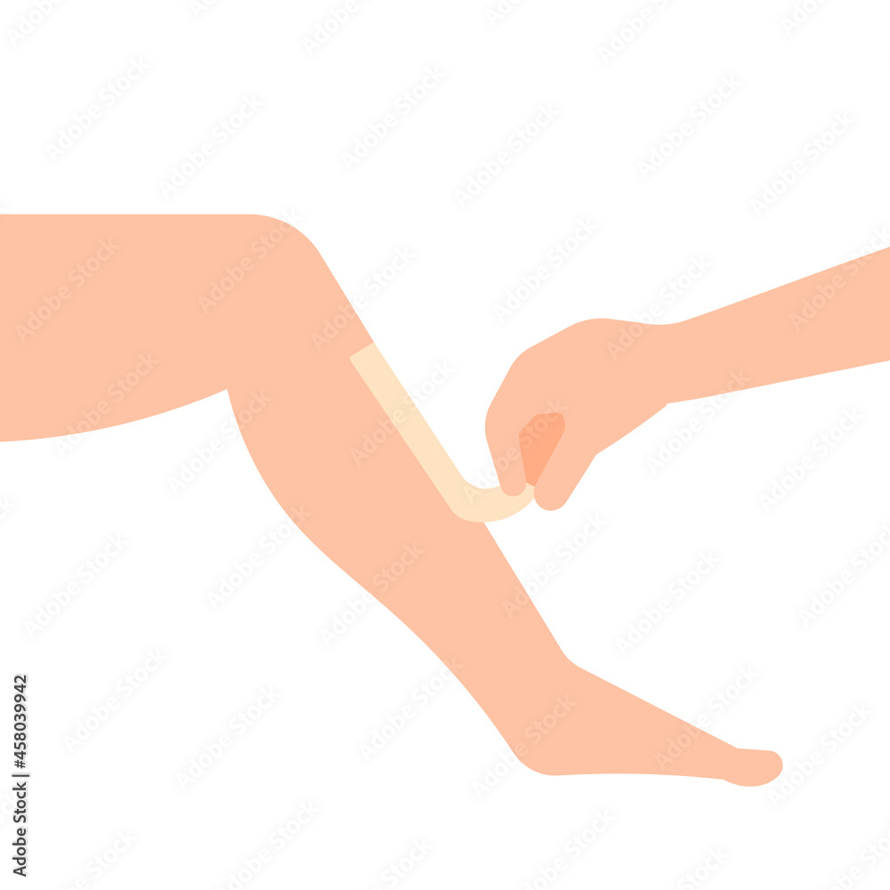 illustration of a hand removing or pulling cloth from the foot to clean or remove leg hair. waxing. body care. flat cartoon style. vector design illustration of a hand removing or pulling cloth from the foot to clean or remove leg hair. waxing. body care. flat cartoon style. vector design