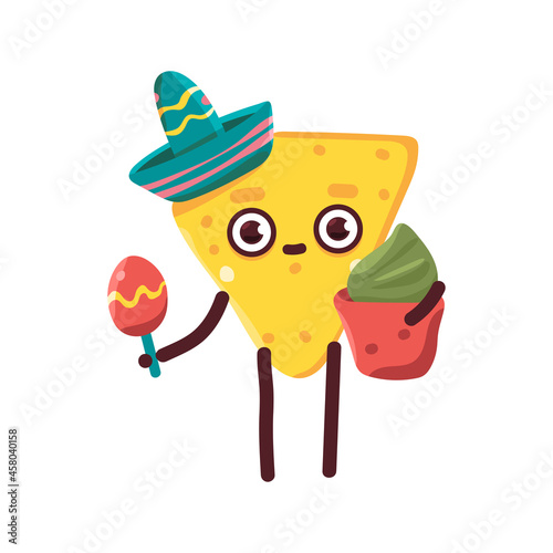 Funny nachos with guacamole in sombrero vector cartoon mexican food character isolated on a white background.