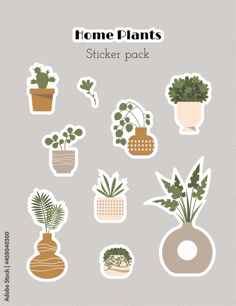 Sticker pack with home plants and flowers in plant pots and vases. Colorful flat cartoon hand drawn floral decorative stickers. Home decor elements isolated template. Vector illustration icon set. Sticker pack with home plants and flowers in plant pots and vases. Colorful flat cartoon hand drawn floral decorative stickers. Home decor elements isolated template. Vector illustration icon set.