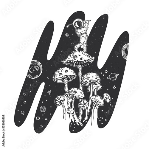 Mushrooms are like planets. Space illustration. Tattoo sketch.