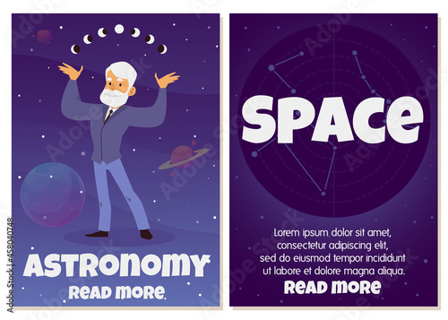 Astronomy and space study banners set with astronomer flat vector illustration.