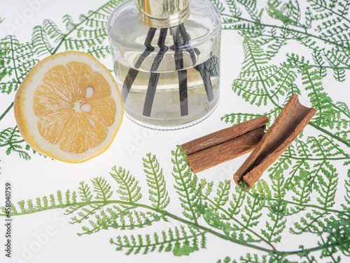 Green fern leaves, lemon and cinnamon bark, eau de toilette with chopsticks. There is a place for the test. The concept of freshness, clean air. Ecology