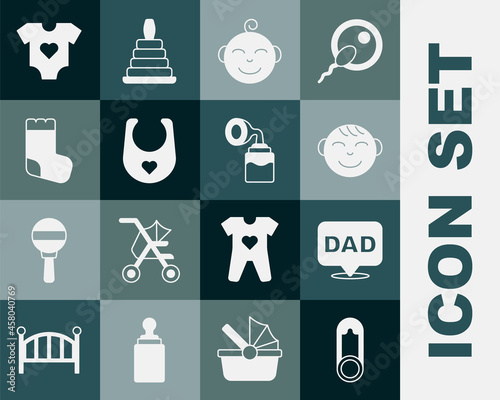 Set Baby clothes pin, Speech bubble dad, Little boy head, bib, socks, and Breast pump icon. Vector