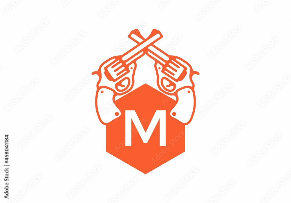 Two guns line art illustration with M initial letter Two guns line art illustration with M initial letter