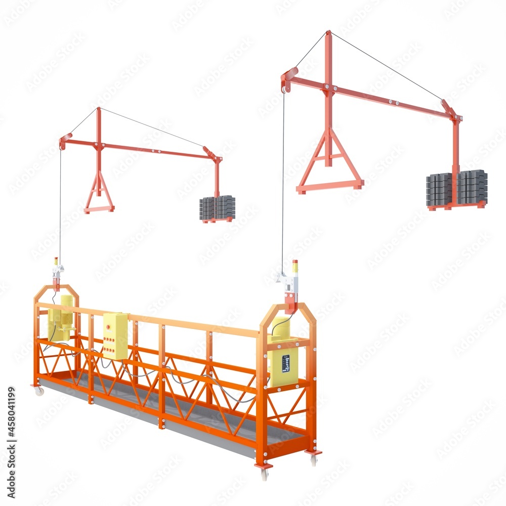 3D image, 3D rendering suspended platform with levers and wheels weighs on ropes on a white background 3D image, 3D rendering suspended platform with levers and wheels weighs on ropes on a white background