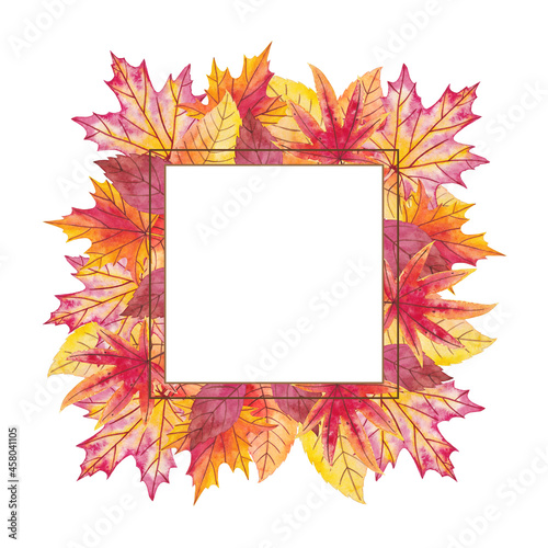 Frame made from autumn leaves. Watercolor leaves on a white background.