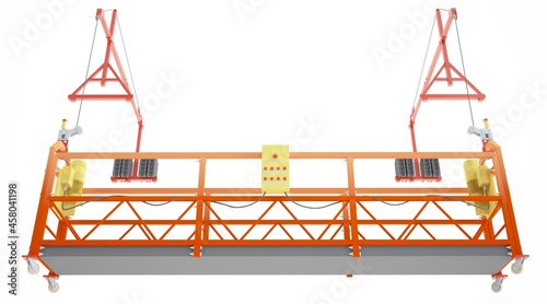 3D image, 3D rendering suspended platform with levers and wheels weighs on ropes on a white background photo