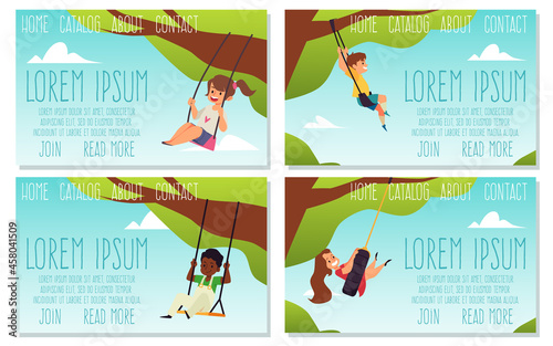 Set of web banners with happy kid swinging on swing, flat vector illustration.