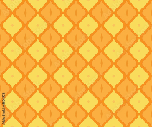 Arabesque tile pattern as arabic style ethnic background for islamic or moroccan mosaic seamless fabric textile backdrop vector orange yellow color illustration  traditional modern geometric repeated