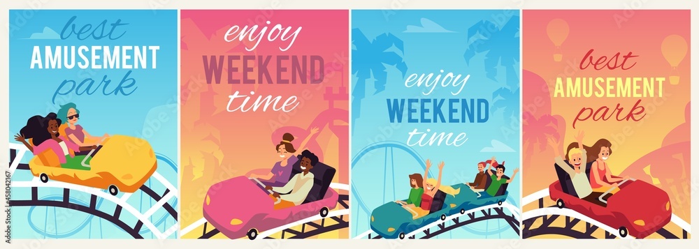 Banners or social media posters for amusement park, flat vector illustration.