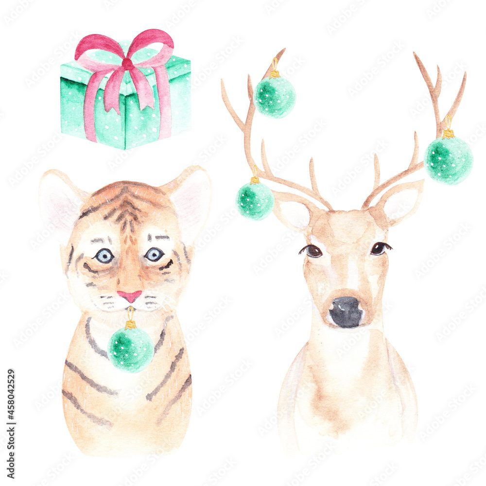 Fototapeta premium christmas deer, tiger, gifts