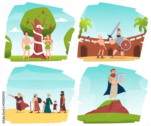Bible Old Testament stories set flat vector illustration isolated on white.