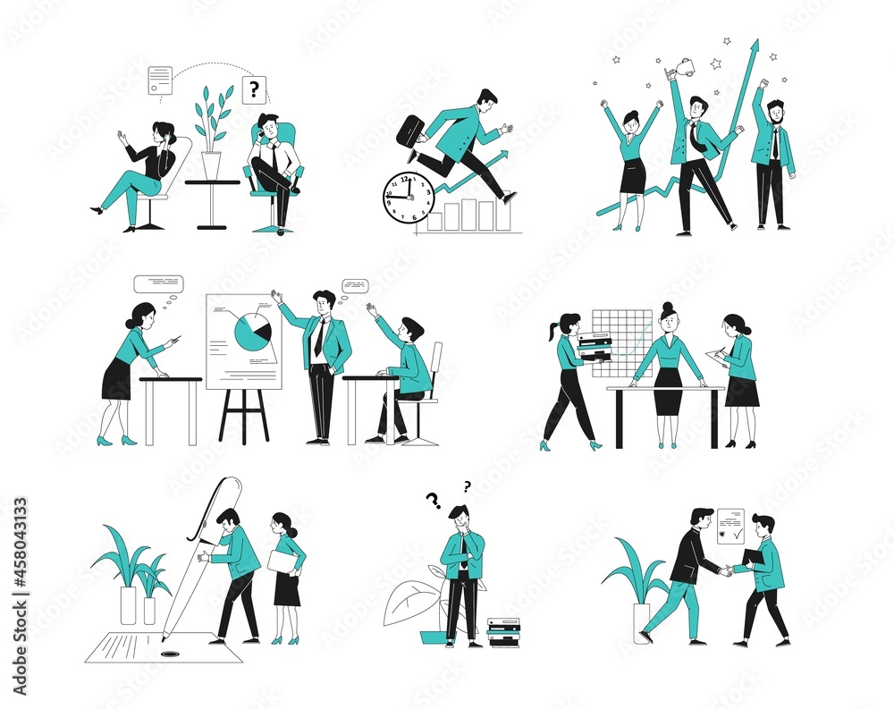 Office scenes. Business management, guy at work. Planner working process, start up development and effective job. Managers recent vector set