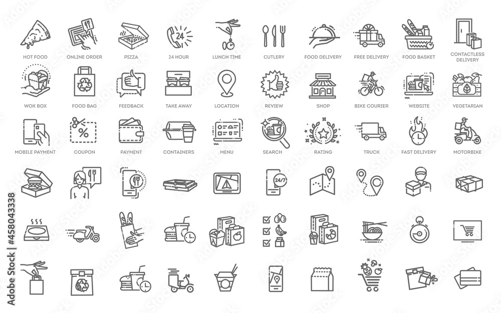 Food delivery - thin line web icon set. Outline icons collection Food delivery - thin line web icon set. Outline icons collection