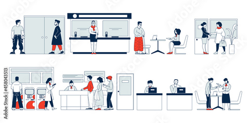 Bank clients service. Flat banking client, security and reception desk. People in office, financial consulting. Professional consultant recent vector set