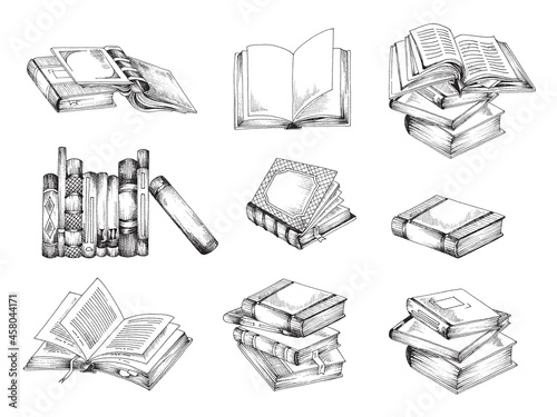 Vector illustration of sketch of set of books isolated on white background. Collection of doodles of open and closed books for library or school.